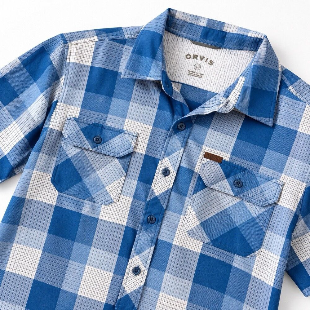 Orvis Tech Chambray Work Shirt Blue Plaid UPF Short Sleeve Men's L